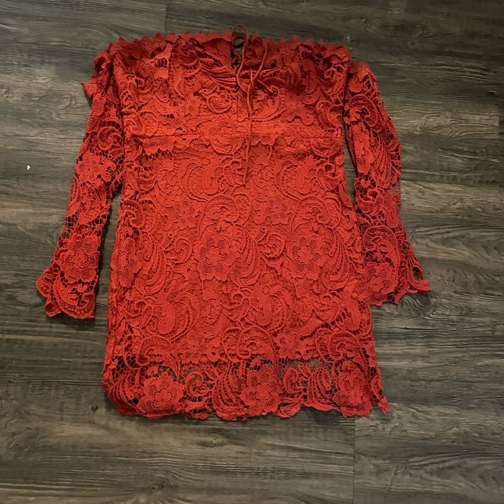 Fashion Nova Red Lace Long Sleeve Dress